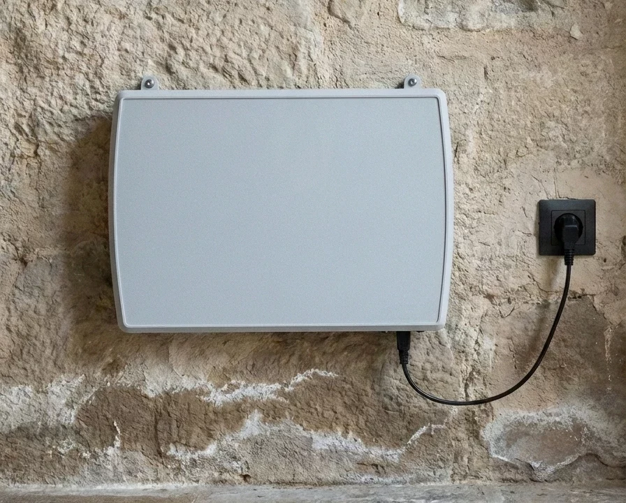 Dispositivo ATE installato su parete in pietra con evidenti segni di umidità